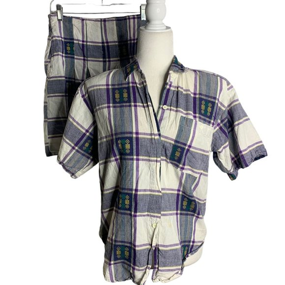 Whistles Other - Vintage Button Up Shirt Shorts Set M Purple Plaid Embroidered Pockets Elastic